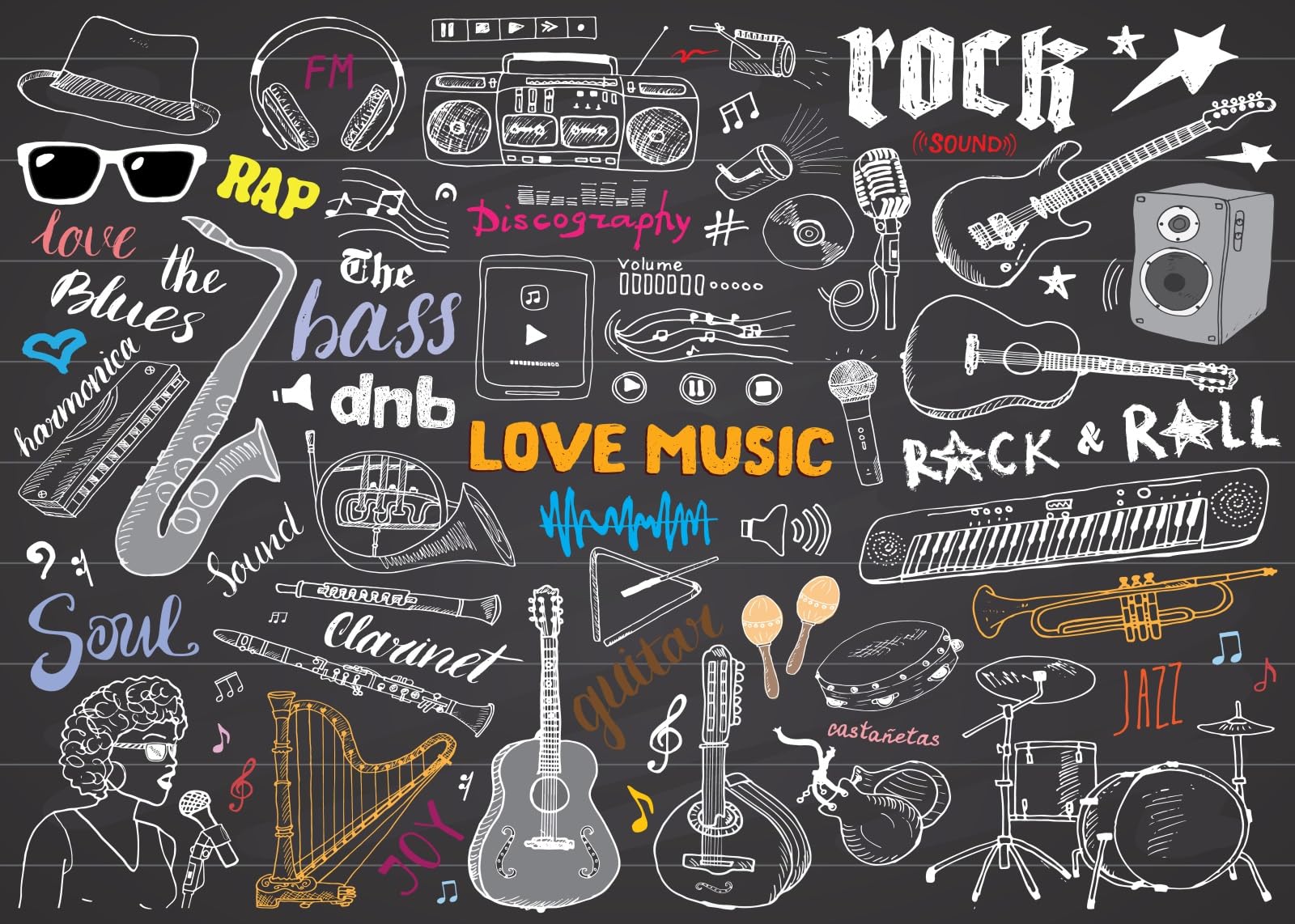 Photo 1 of SADFA Music Theme Backdrop 7x5ft Rock and Roll Notes Microphone Guitar Drums Music Player Background for Photography Doodle Chalkboard Wallpaper Concerts Party Decorations Photo Booth Props
