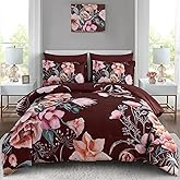 Luxudecor Burgundy Floral Comforter Set Queen Size 7 Piece, Flower Bed in a Bag, Elegant Floral Comforter with Sheet Set, Soft Microfiber Bedding Set for All Season (Burgundy, 90"x90")