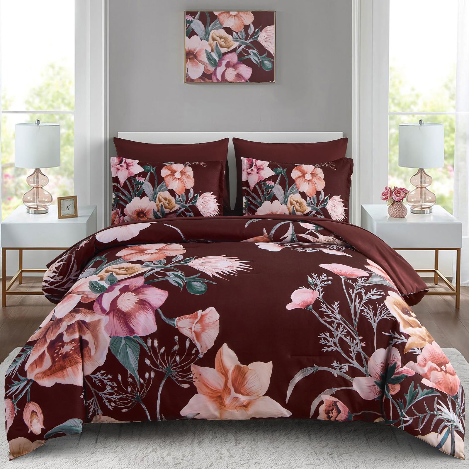 Luxudecor Burgundy Floral Comforter Set Queen Size 7 Piece, Flower Bed in a Bag, Elegant Floral Comforter with Sheet Set, Soft Microfiber Bedding Set for All Season (Burgundy, 90"x90")