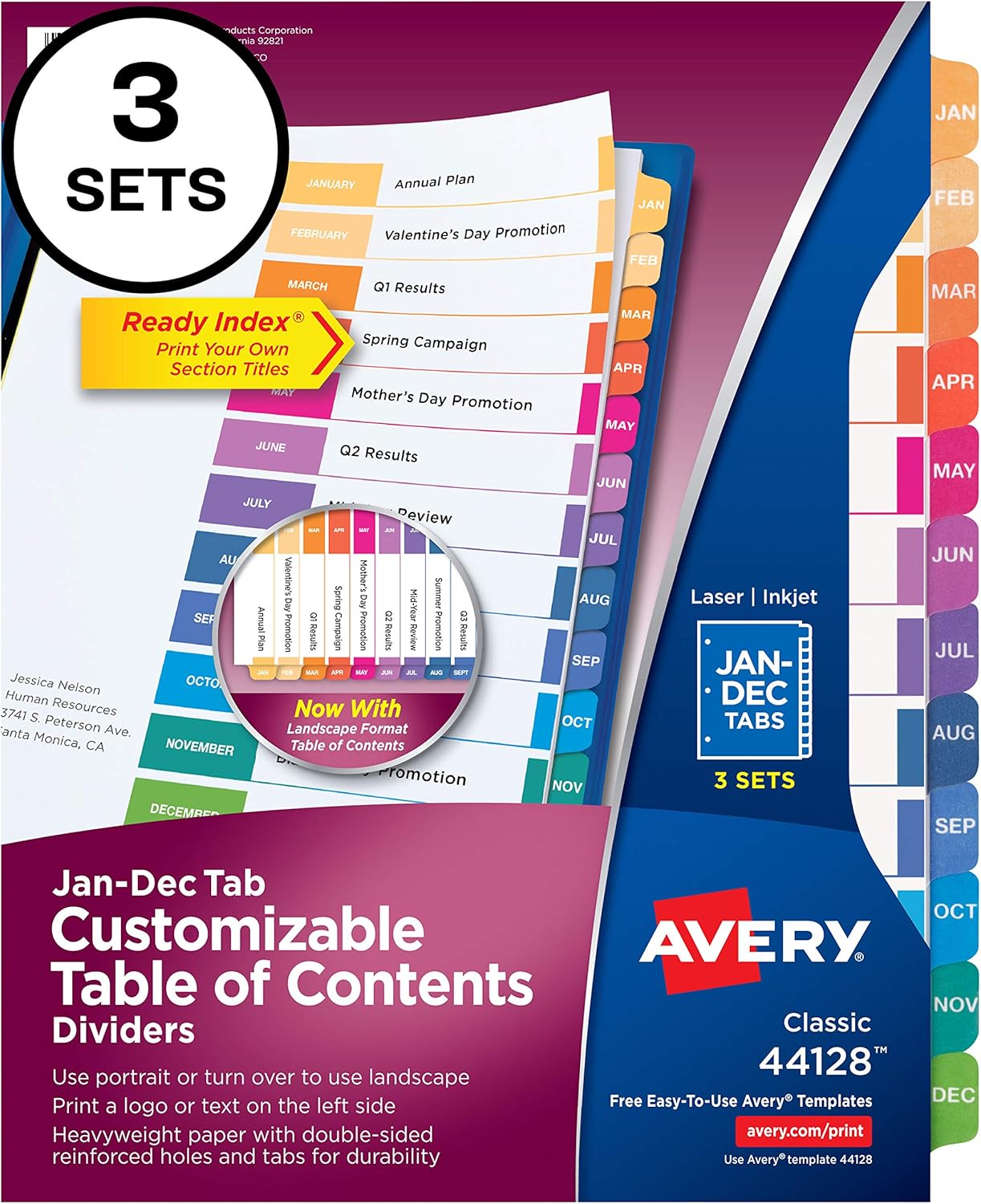 Avery 12-Tab Dividers for 3 Ring Binders, Customizable Table of Contents, Multicolor Tabs, 3 Sets (44128)