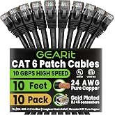 GEARit Cat6 Patch Cables Cat 6 Ethernet Cable 10 ft 10-Pack Black | Ethernet Patch Cable, 10Gbps 550MHz 24AWG Pure Copper, Snagless, Gold Plated RJ45 for Router, Server, Router, PC