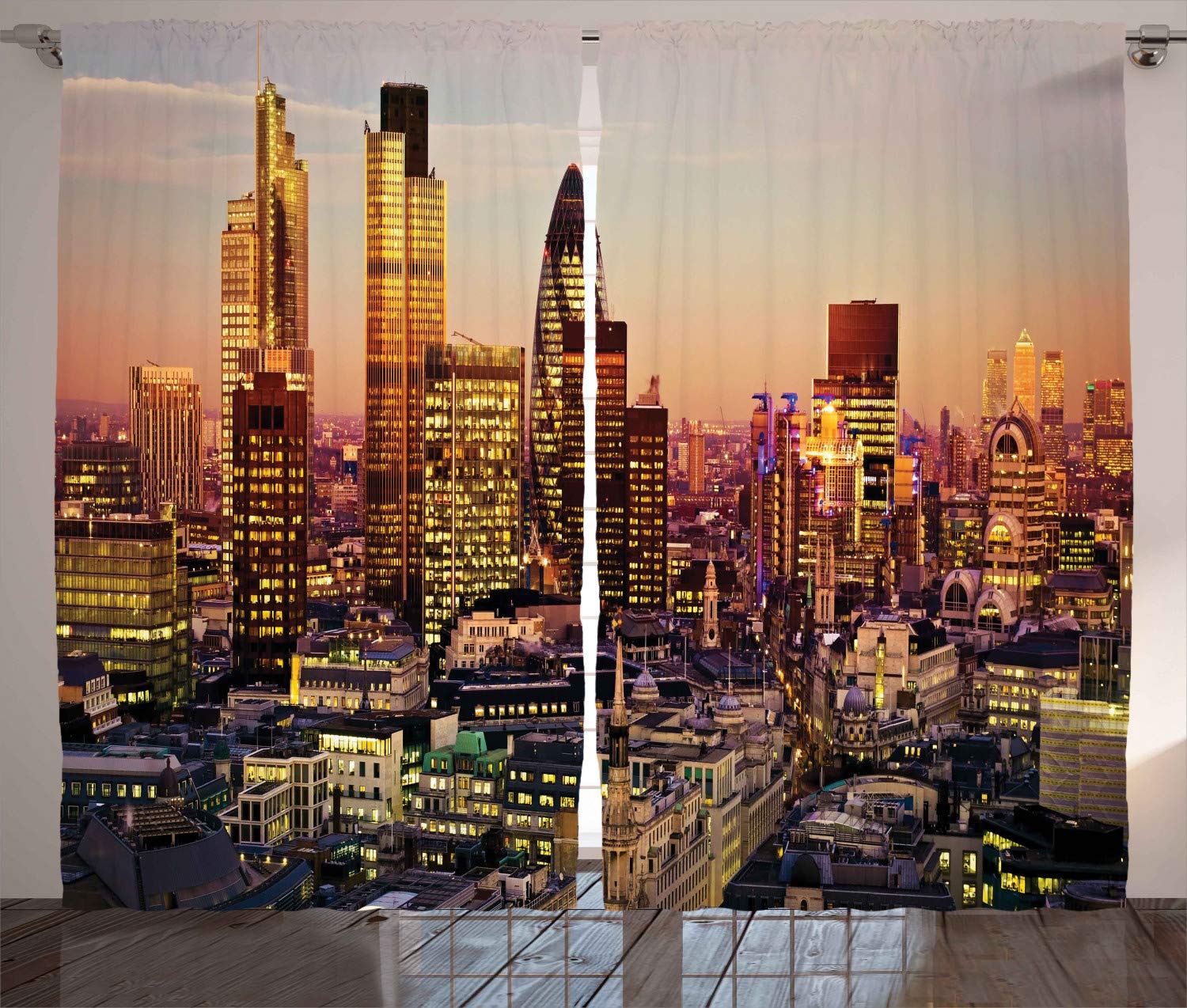 ABAKUHAUS New York Curtains, Global City Sunset Reflecting on Skyscrapers Famous Town Landmark View Photo Print, Living Room Bedroom Window Drapes 2 Panel Set, 280 x 245 cm, Brown Multicolored — image 1