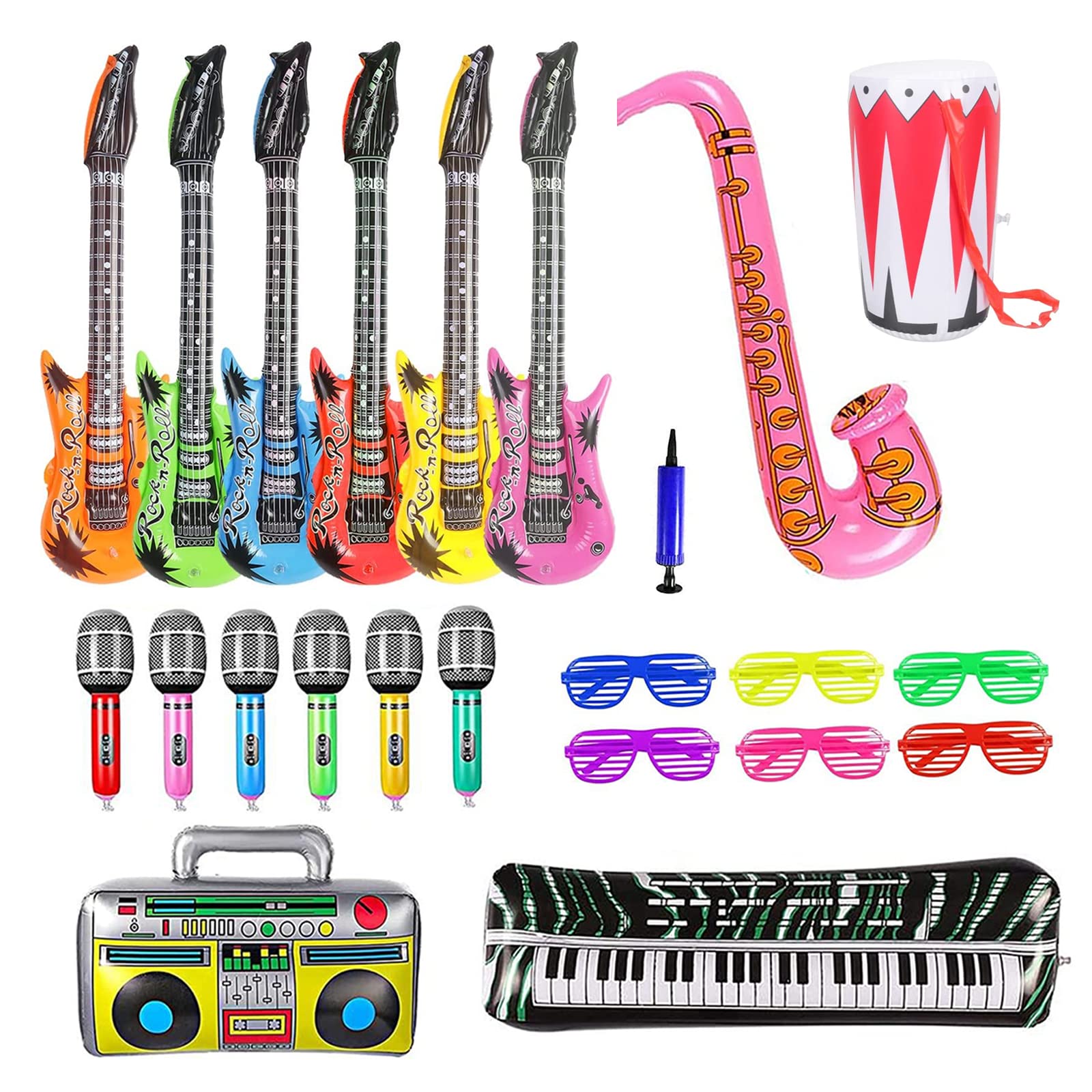 Newthinking Inflatable Rock Star Toy Set, 22 Pack Inflatable Party Prop for Kids - 6 Inflatable Guitar Microphones Shutter and Shading Glasses, 1 Saxophone Piano Radio and Drum