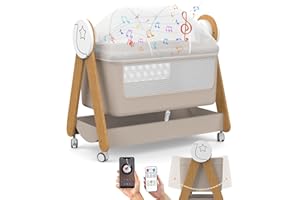 GODMY Electirc Baby Bassinet, Rocking Baby Bassinets Bed Sleeper for Newborn with Remote Control,Smart Baby Crib with Wheels, Portable Baby Cradle for Infant with 3-Speed Swing and Timer,Bluetooth(Khaki)