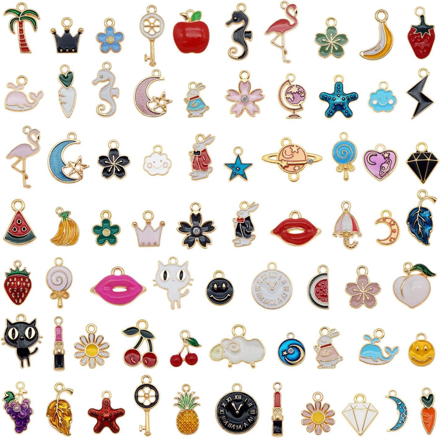 JJG 30 Pairs(60PCS) Assorted Gold Plated Enamel Animal Moon Star Fruit Charm Pendant DIY for Necklace Bracelet Jewelry Making and Crafting