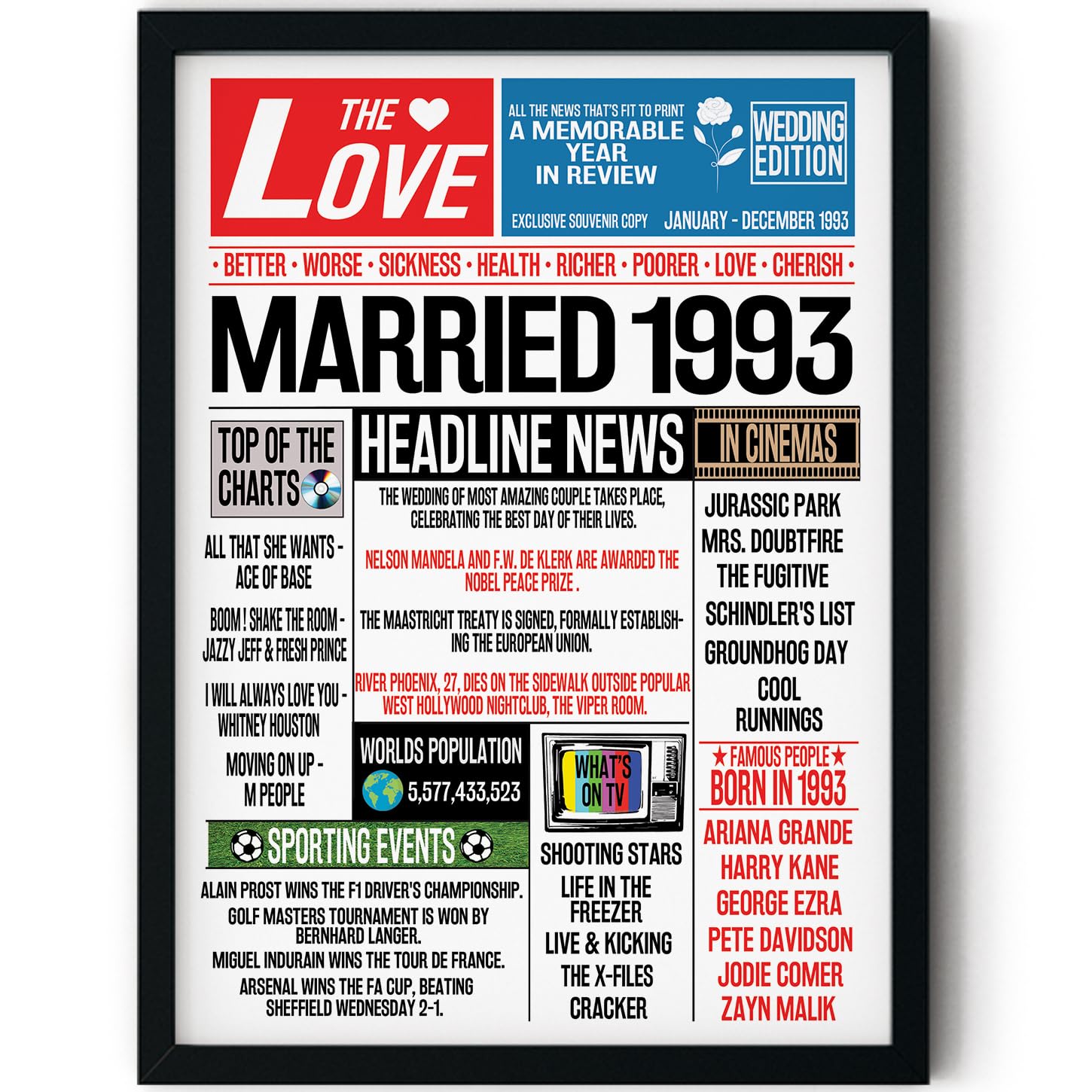 Stuff4 33rd Anniversary Poster Framed - Married In 1993 Newspaper - Happy 33rd Wedding Anniversary for Men Women Vintage Gifts Retro Back In 1993, 8x10 Inch Anniversaries Posters โ image 1