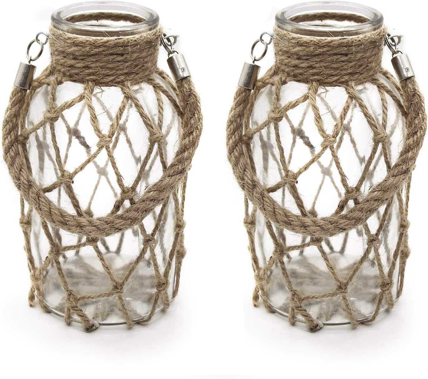 FUNSOBA Rustic Hanging Mason Jar Creative Rope Net Dry Flower Glass Vase with Handle Pack of 2 (2 Vase 8")