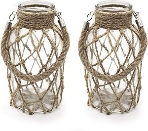 FUNSOBA Rustic Hanging Mason Jar Creative Rope Net Dry Flower Glass Vase with Handle Pack of 2 (2 Vase 8")