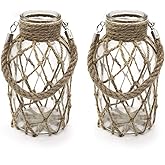 Funsoba Rustic Hanging Mason Nautical Jar Rope Net Dry Flower Glass Vase with Handle Pack of 2 (2 Vase 8")