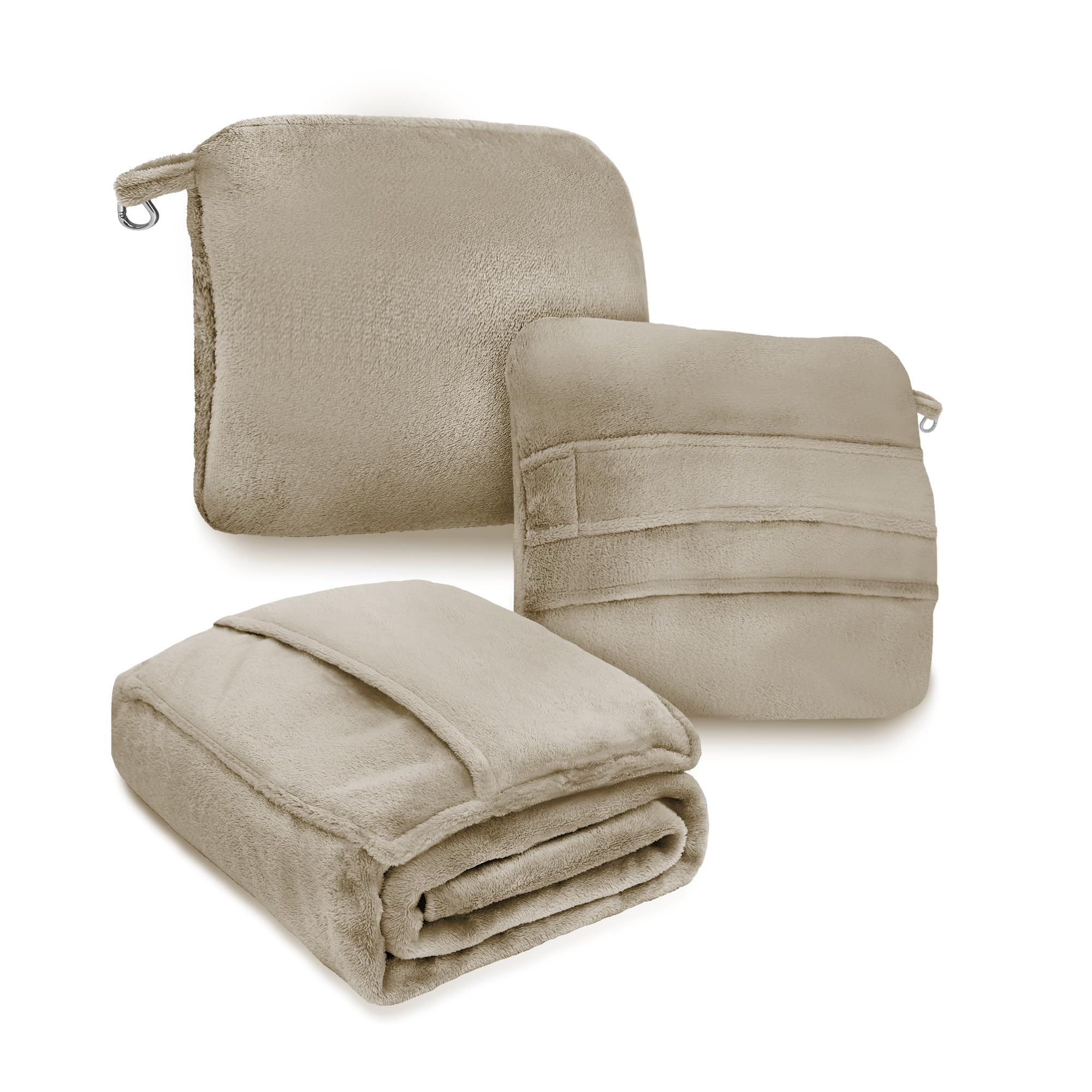 Photo 1 of 1pc    DEZ FURNISHINGS 4-in-1 Travel Compact Blanket Pillow Super Soft Velvet with Luggage Sleeve and Backpack Clip, Tan, 60" x 45"