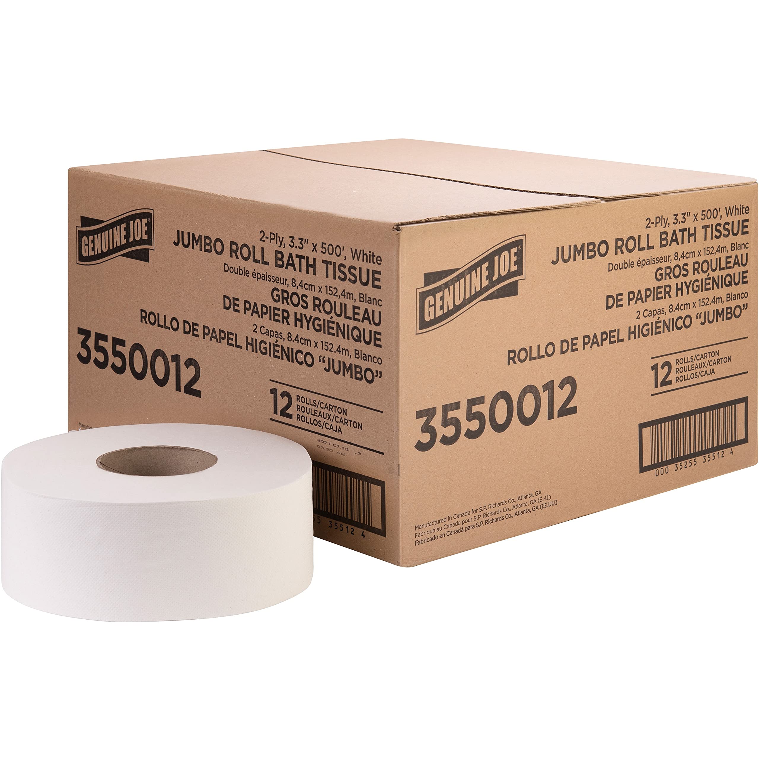 Genuine Joe Jumbo Roll Bath Tissue, 2-Ply, 3.3" x 500', White, 12 Count Image