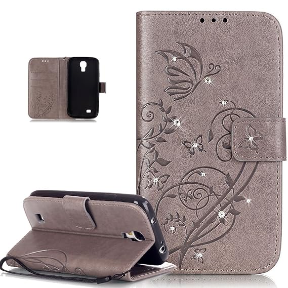 Kompatibel mit Galaxy S4 Hülle,Galaxy S4 Lederhülle,Strass Glänzend Prägung Blumen Reben Schmetterling Muster PU Lederhülle H