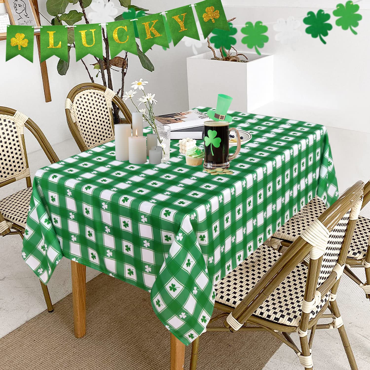 Photo 1 of LUSHVIDA St.Patrick's Day Rectangle Table Cloth, 60 x 102 Inch - Shamrock Plaid Patterned Irish Clover Washable Microfiber Tablecloth Decorative Table Covers for Picnic Party, 100% Polyester, 150 GSM