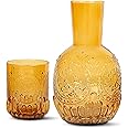 elle decor 2 Pc Carafe Set | Bedside Night Water Carafe | Glass Pitcher and Cup that Doubles as a Lid | Glass Tumbler Perfect for Storing Water, Juice, and Other Drinks on Desktop/Shelf (Amber)