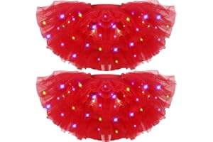 Crowye 2 Pack LED Tutu Skirt Light up Tutus 5 Layered Neon Tulle Skirt for Women 80's Party Halloween Costume Glitter
