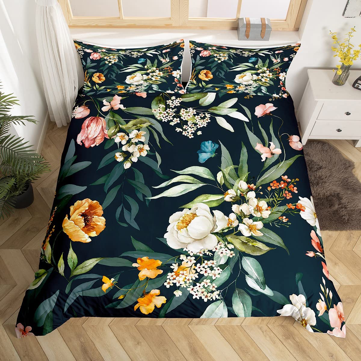 Manfei Botanical Duvet Cover Set Double Size, Green Leaves Flowers Bedding Set 3pcs for Kids Boys Girls Bedroom Decor, Watercolor Florals Comforter Cover Soft Polyester Quilt Cover with 2 Pillowcases — image 1