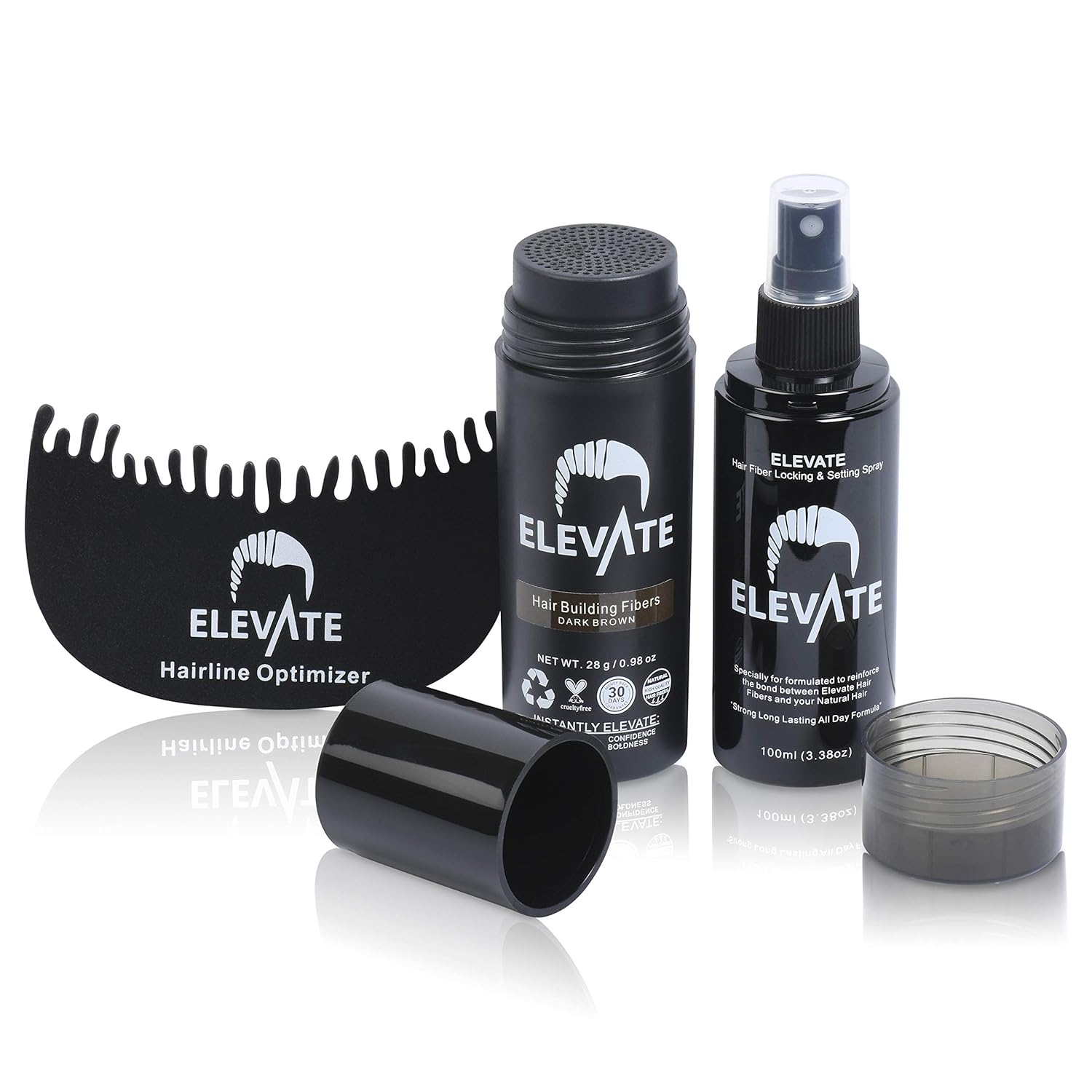 ELEVATE Hair Ultimate Perfecting 3-in-1 Kit Set Includes Natural Hair Thickening Fibers | Locking & Setting Hold Hair Spray | Hairline Optimizer Comb | Instantly Conceal & Thicken Hair (Dark Brown): Beauty