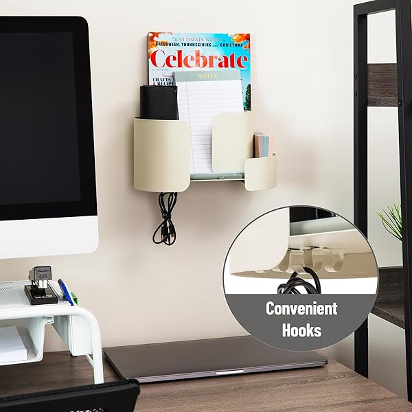 MIND READER HANGING ACCESSORY ORGANIZER, ADHESIVE WALL-MOUNTED SHELF WITH HOOKS FOR HOME, OFFICE, DORM, OR BATHROOM, METAL, TAN