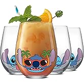 JoyJolt Disney Stitch Silly Sips Stemless Drinking Glasses, 19oz Teardrop Glass Cups, Glass Tumbler Cup Set of 4, Stitch Stuff, Lilo and Stitch Gifts, Disney Gifts for Adults