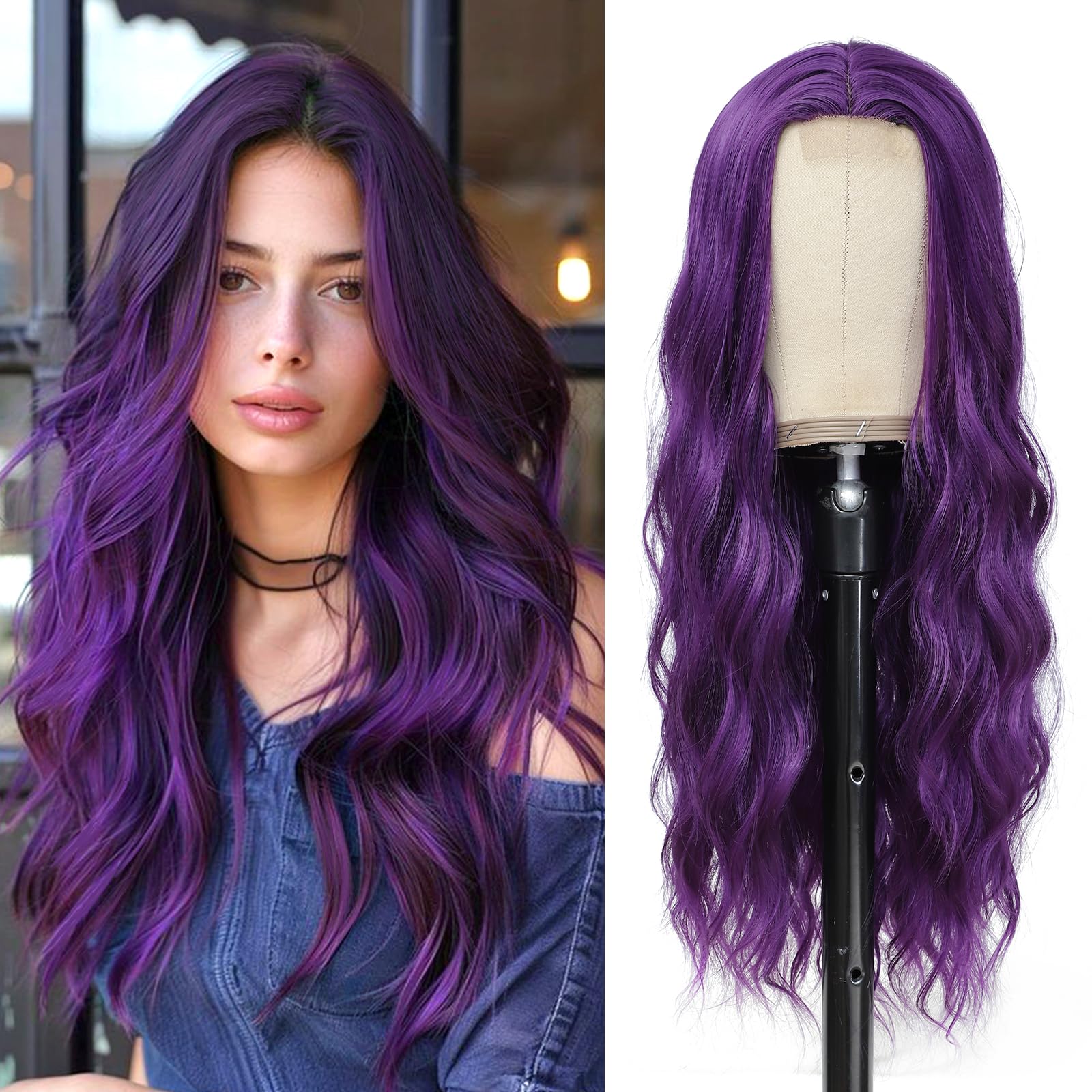 Photo 1 of YBYMCAI Long Purple Wavy Wigs for Women Middle Part Dark Purple Wig 26 inch Natural Curly Synthetic Wig Heat Resistant Fiber Wigs for Daily Party Use