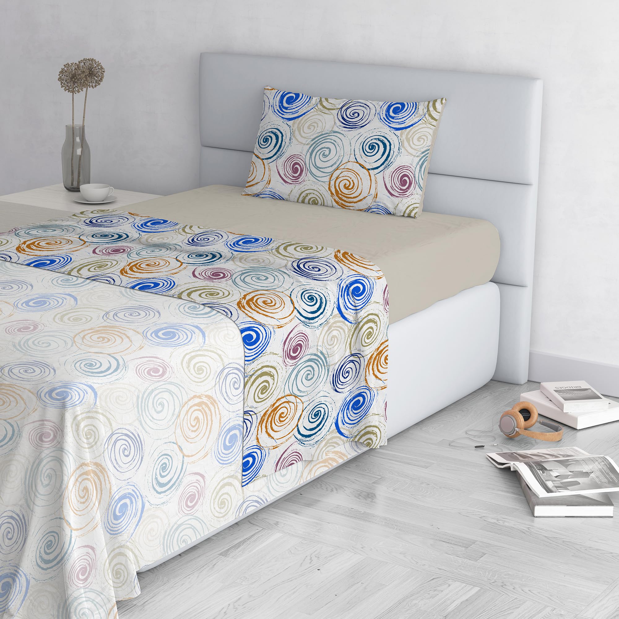 Fashion Bed Sheet Set, Made in Italy, Soft Microfibre Bed Set, Fitted Sheet, Top Sheet 180 x 270 cm and Pillowcase with Inner Flap, Half Size, Spirals