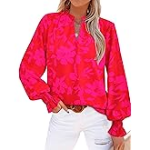 MASCOMODA Womens V Neck Floral Long Sleeve Tops 2026 Summer Casual Loose Puff Sleeve Chiffon Boho Work Blouse Dressy T Shirts