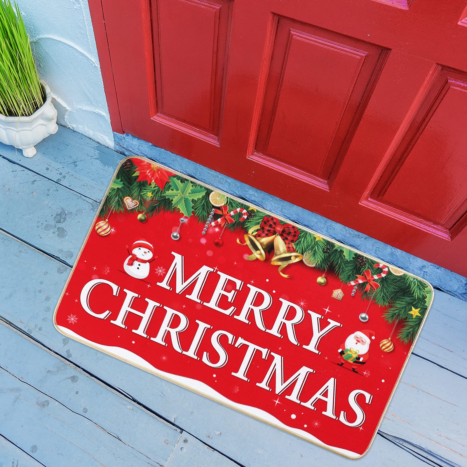 Nuanchu Merry Christmas Door Mat Indoor Outdoor Entrance Doormat Non Slip Rubber Backing Funny Christmas Decorative for Holiday Home Front Outside Entry, 30 x 17 Inch, Red