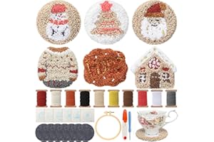Mindsoft 6 Pcs Christmas Punch Needle Coaster Kit for Adult Beginner Xmas Tree Snowman Punch Needle Embroidery Kit with 6 Patterns Yarn Tool Felt Embroidery Hoop Instruction for DIY Craft Supplies