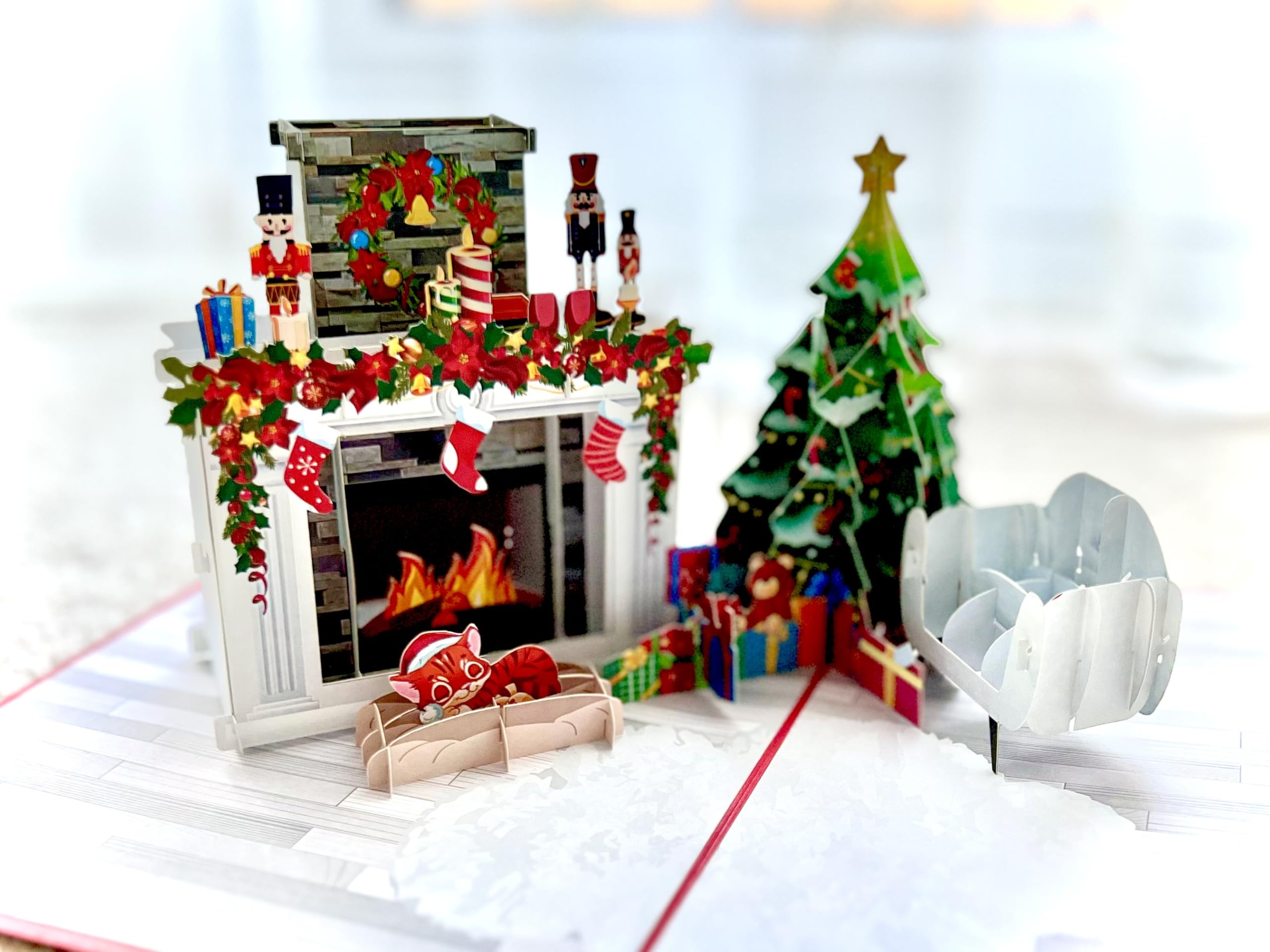 Modern Christmas Fireplace Pop Up Card - 3D Living Room Atmosphere with Tree, Presents, and Armchair - Elegant Holiday Greeting Perfect for Festive Season