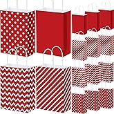AmazingSpark 48 Pieces Valentines Day Gift Bags with Handle Red Treat Candy Goodie Bags with Stripe Polka Dot Wave Patterns for Mothers Day Party Favors Gift Wrapping