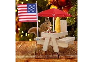 Ufandia Squirrel Feeder, Wood Squirrel Feeder Picnic Table with Umbrella, Bird Animal Feeder, Chipmunk and Squirrel Lovers, Red