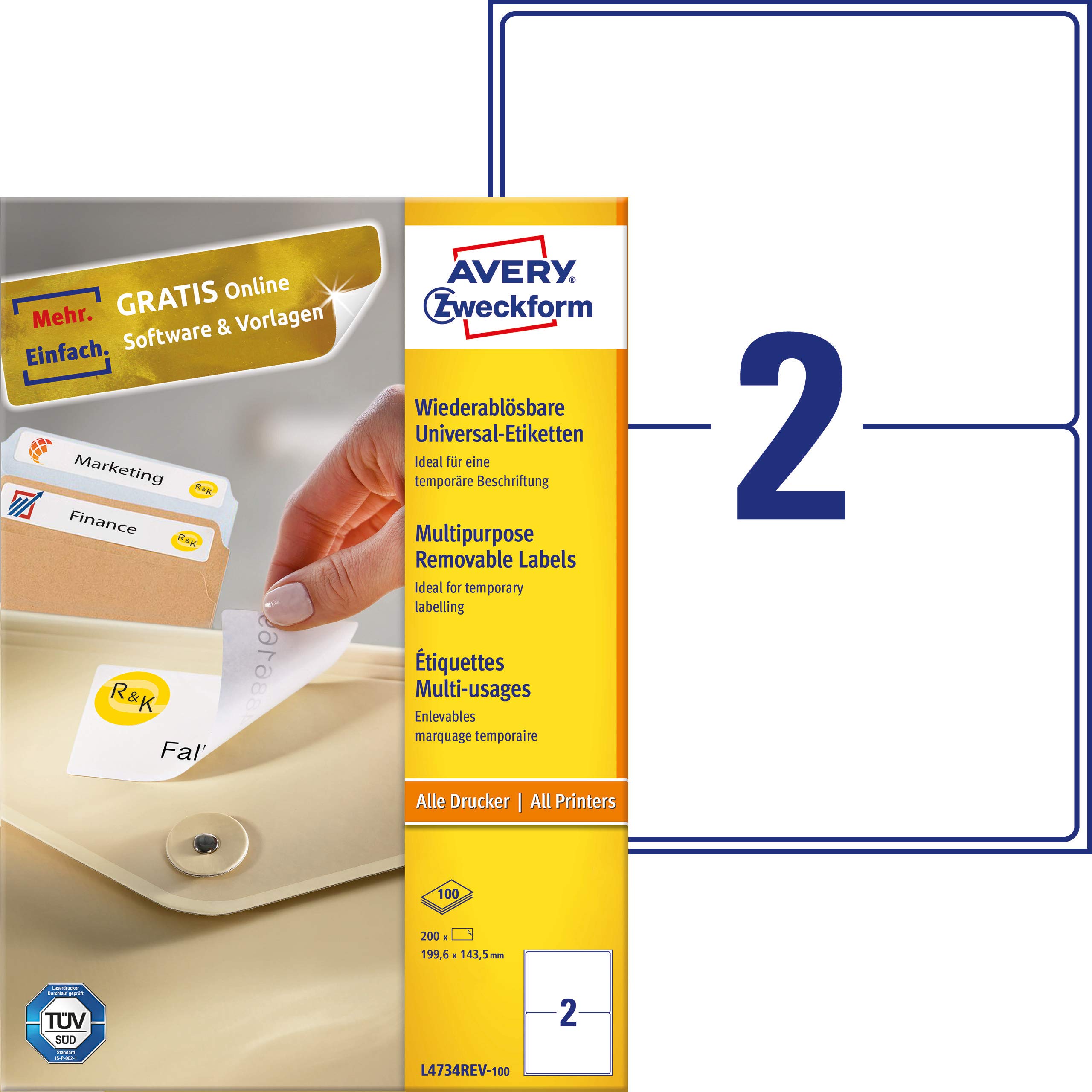 Avery Zweckform L4743REV-100 Universal Labels 100 Sheets / 200 Labels / 199.6 x 143.5 mm White
