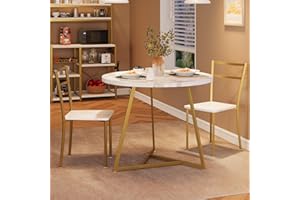 JoanKaren Small Round Dining Table Set for 2, 3-Piece Dinette Set with Faux Marble Top and Upholstered Chairs, Metal Frame, S