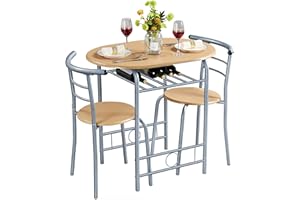Yaheetech 3 Piece Dining Table Set, Kitchen Table & Chair Sets for 2, Compact Bistro Table Set with Steel Legs, Built-in Wine Rack for Small Space, Apartment, Breakfast Nook, Natural
