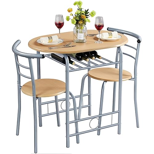 Yaheetech 3 Piece Compact Dining Room Set, Dining Table & Chairs Set for 2, Breakfast Bar Table Set with Metal Legs and Built-in Wine Rack for Small Space/Apartments/Kitchen, Natural, 80x53x75.5cm