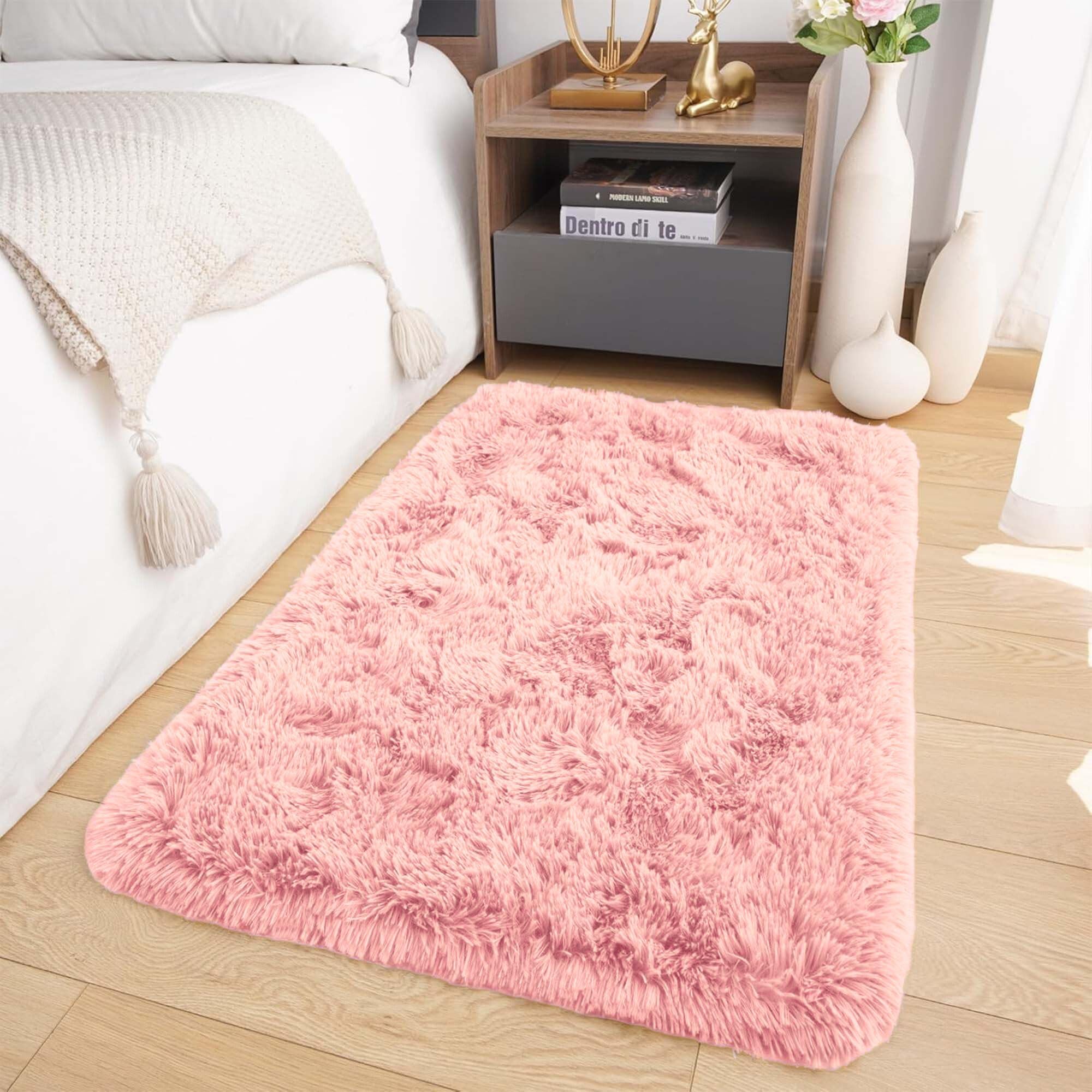 Oxford Homeware Rugs Living Room Small 50x80 cm – Fluffy Shaggy Pink Area Rugs for Bedroom, Lounge – Super Soft Non Slip Rug Washable Modern Floor Carpets Bedside Rug for Kids Room