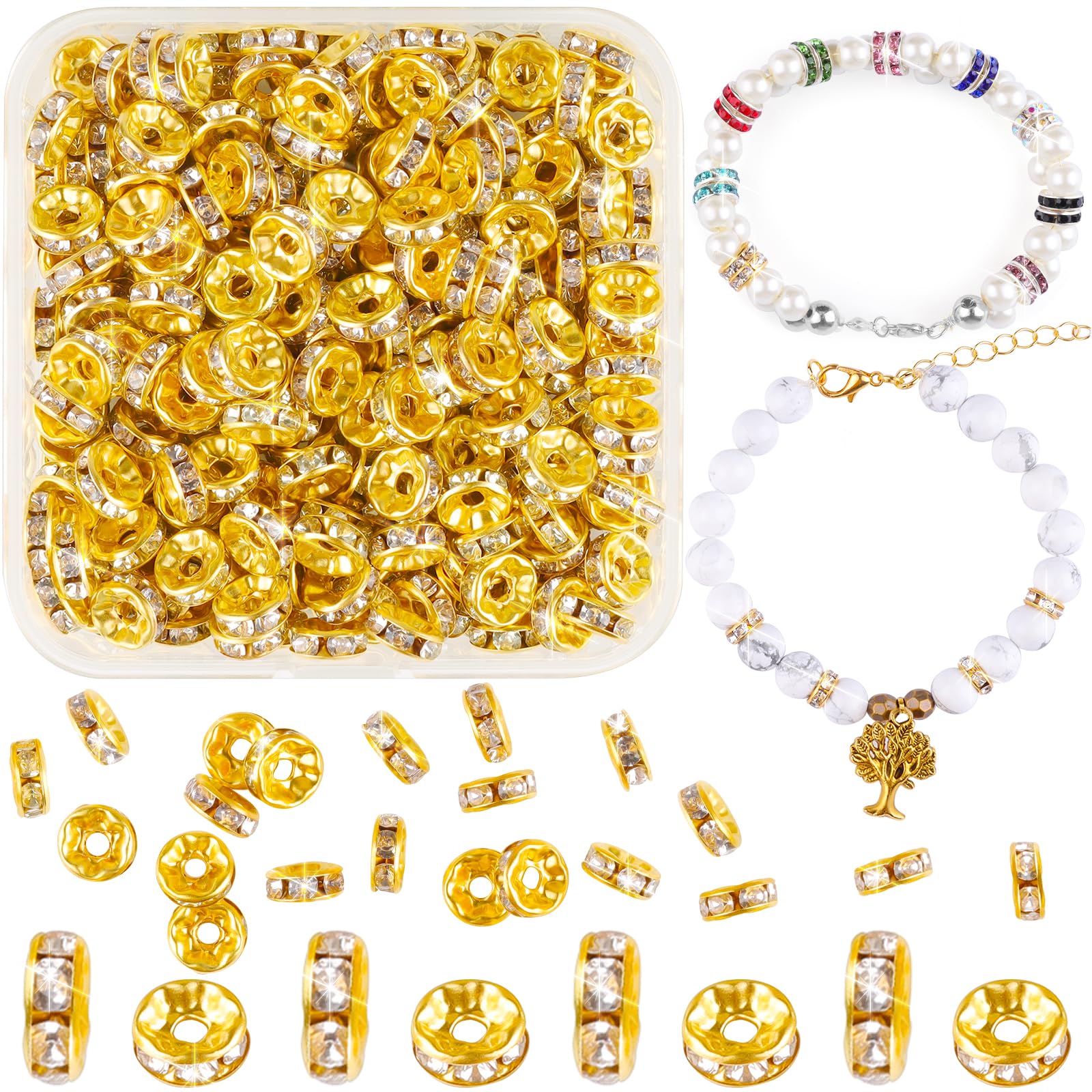 400pcs 8mm Sparkling Crystal Spacer Beads - Gold Rondelle Rhinestone Flat Loose Beads for Bracelet Necklace Jewellery Making DIY Craft