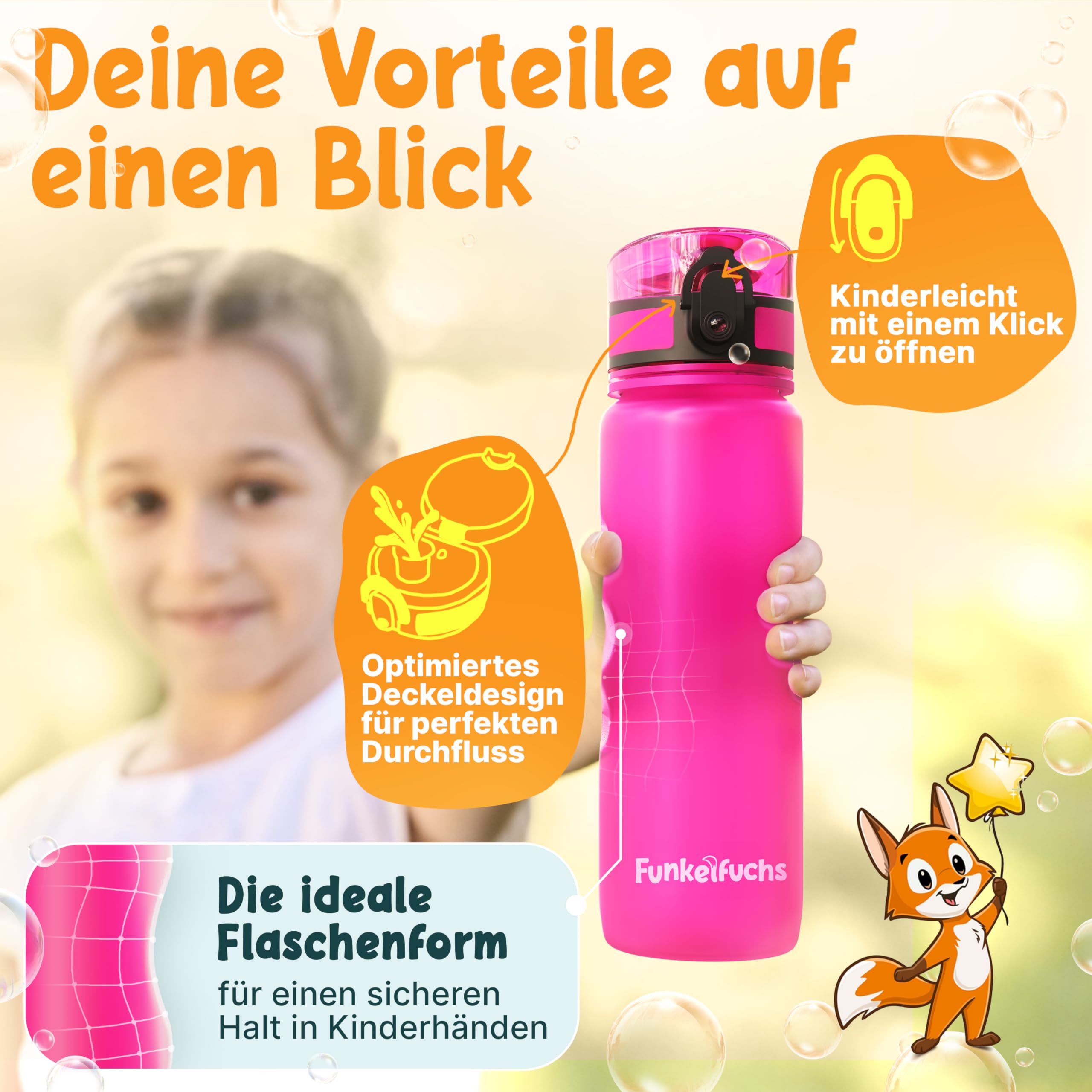 Funkelfuchs®- Trinkflasche für Kinder – 500ml, Pink – Kohlensäure geeignet - 100% auslaufsicher - Wasserflasche spülmaschinenfest - für Kindergarten, Einschulung, Schule, Sport 4