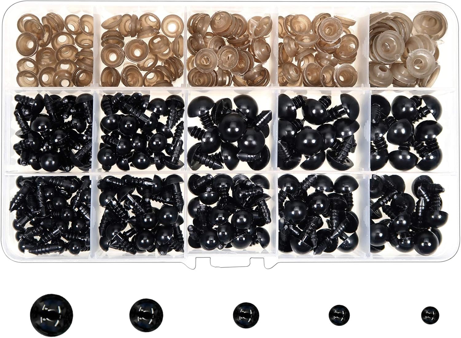 TOAOB Safety Eyes for Amigurumi Dolls 500pcs 5mm to 12mm Black Plastic Crochet Eyes with Washers for Crochet Dolls Making DIY Craft Stuffed Plush Animals