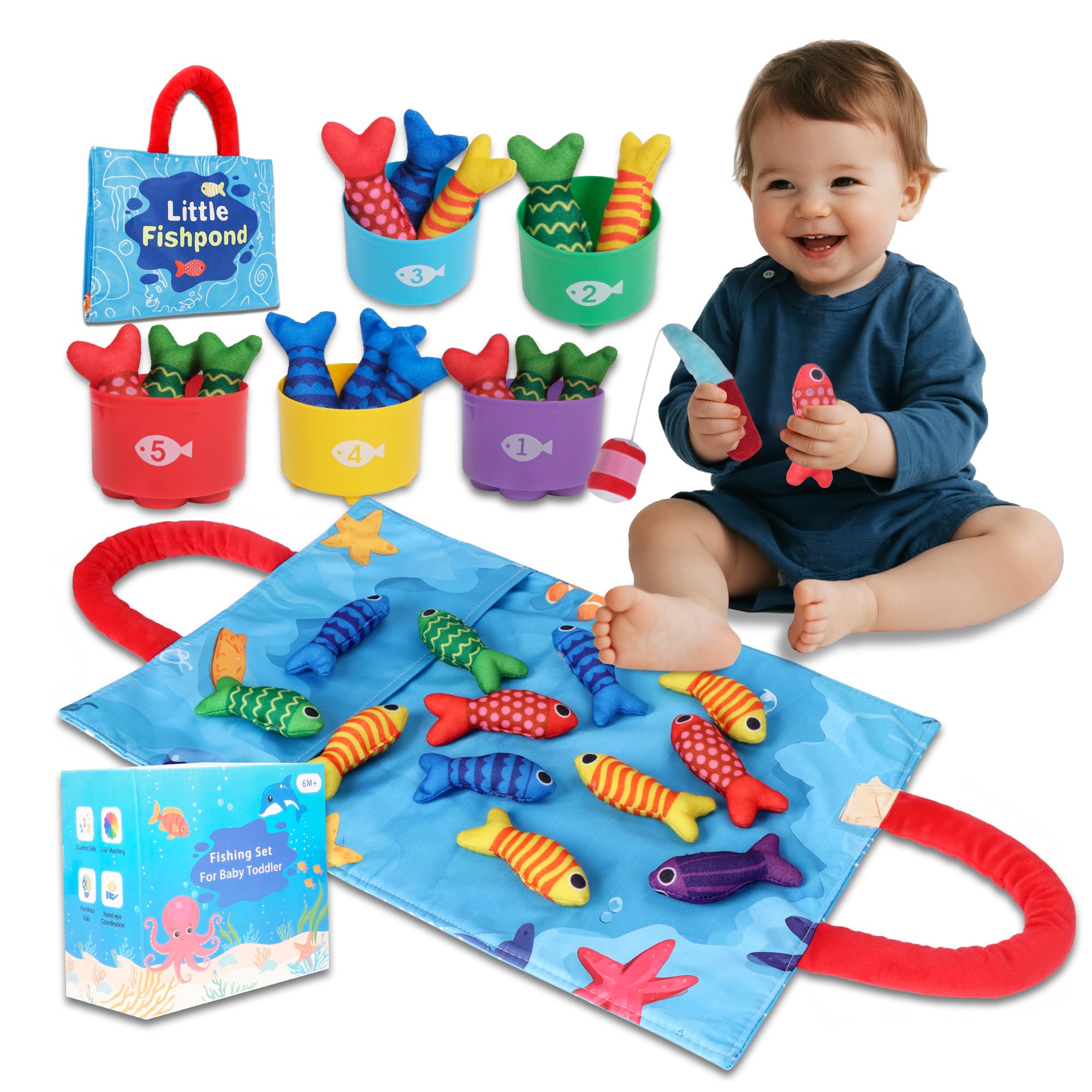 TenFans Montessori Fishing Toy for Babies 6–18 Months, Soft Cloth Ocean Sensory Toy with Stacking Cups & Colour Sorting, Early Learning Activity Toy, First Birthday Gift