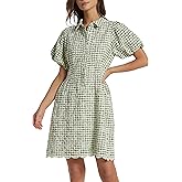D-Sun Women's Short Sleeve Shirt Dress Button Down Pleated Mini Dress Embroidered Gingham Casual Short Dresses