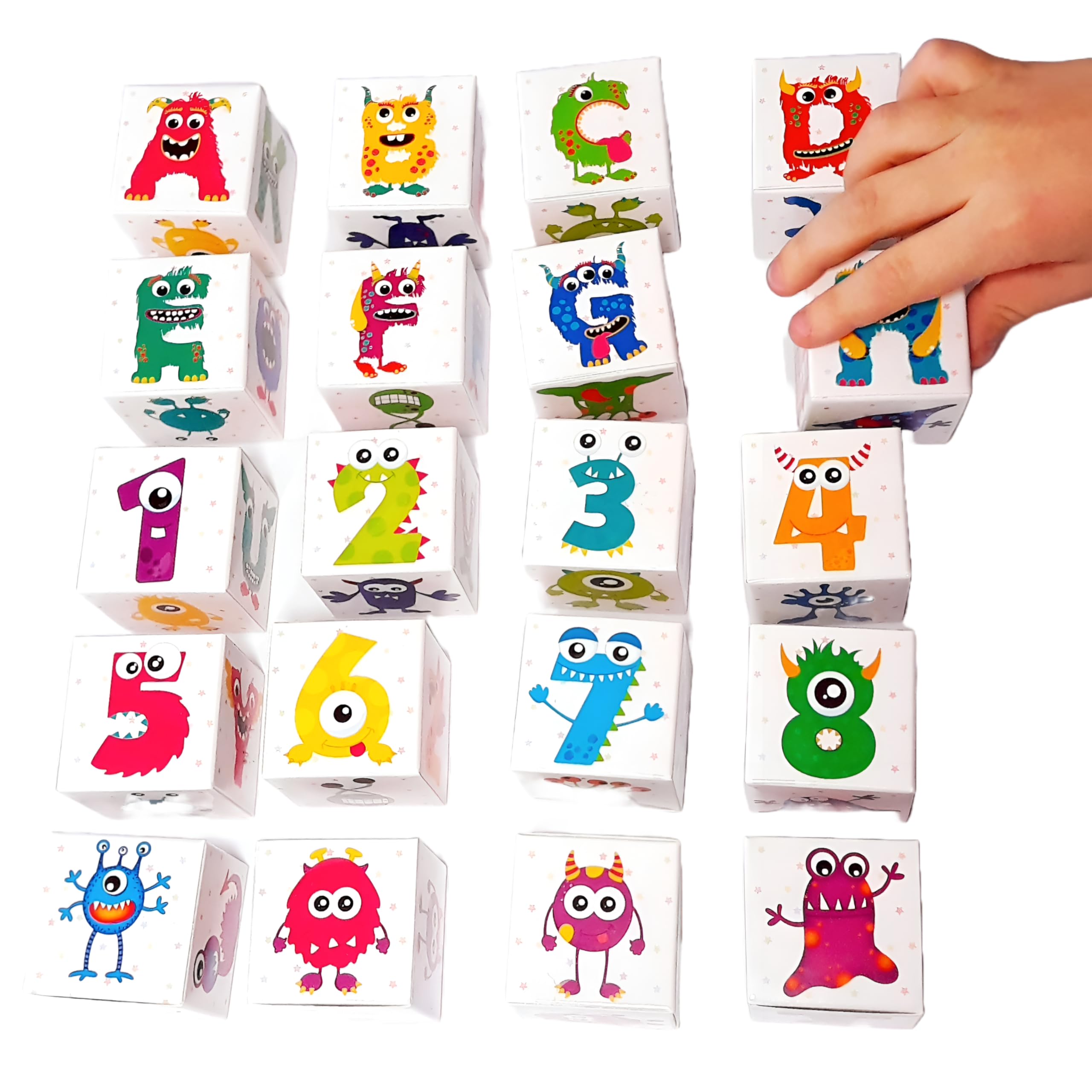 KARTONKI Cardboard Blocks for Early Learning Alphabet ABC 123 Funny and Cute MONSTERS 20 Pcs Free bookmark