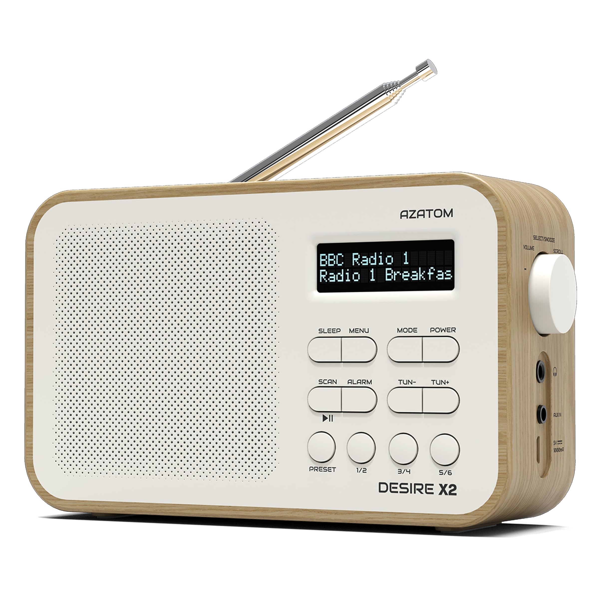 DAB/DAB+ & FM Portable Digital Radio | Simple Controls | Dual Alarms & Sleep Timer | Battery & Mains Powered (4x”AA”) | Bluetooth | Perfect for Home, Office or Outdoors | AZATOM Desire X2 (Oak)