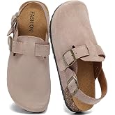 Women's Suede Clogs with Back Strap Mens Cork Footbed Leather Mules &amp; Clogs | Comfort Memory Foam Slingback Clogs for Women Sandals Arch Support Slip On Adjustable Buckle Potato Shoes Non-Slip Mens Clogs