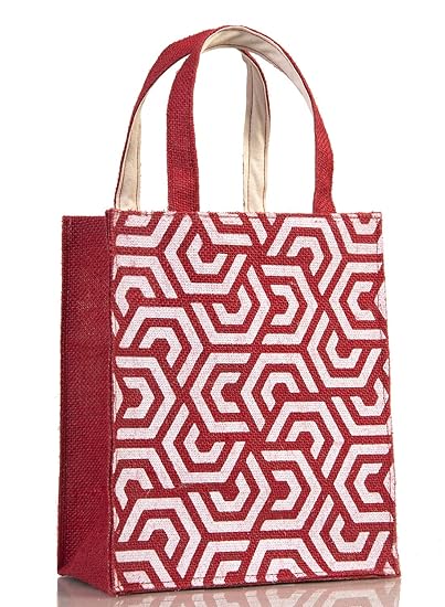 H&B Jute Bag - Gift Bag - Reusable Bags | Jute Bag for Lunch | Jute Lunch Bag | Tiffin Bag | Shopping Bag | Tote Bag | Handbag - Handcrafted, Hand Printed - Sustainable Designs (Hexa, Maroon) - Totes