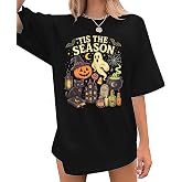 Halloween Oversized Shirts Women Vintage Spooky Season Ghost Tshirt Halloween Pumpkin Fall Short Sleeve Tee Top