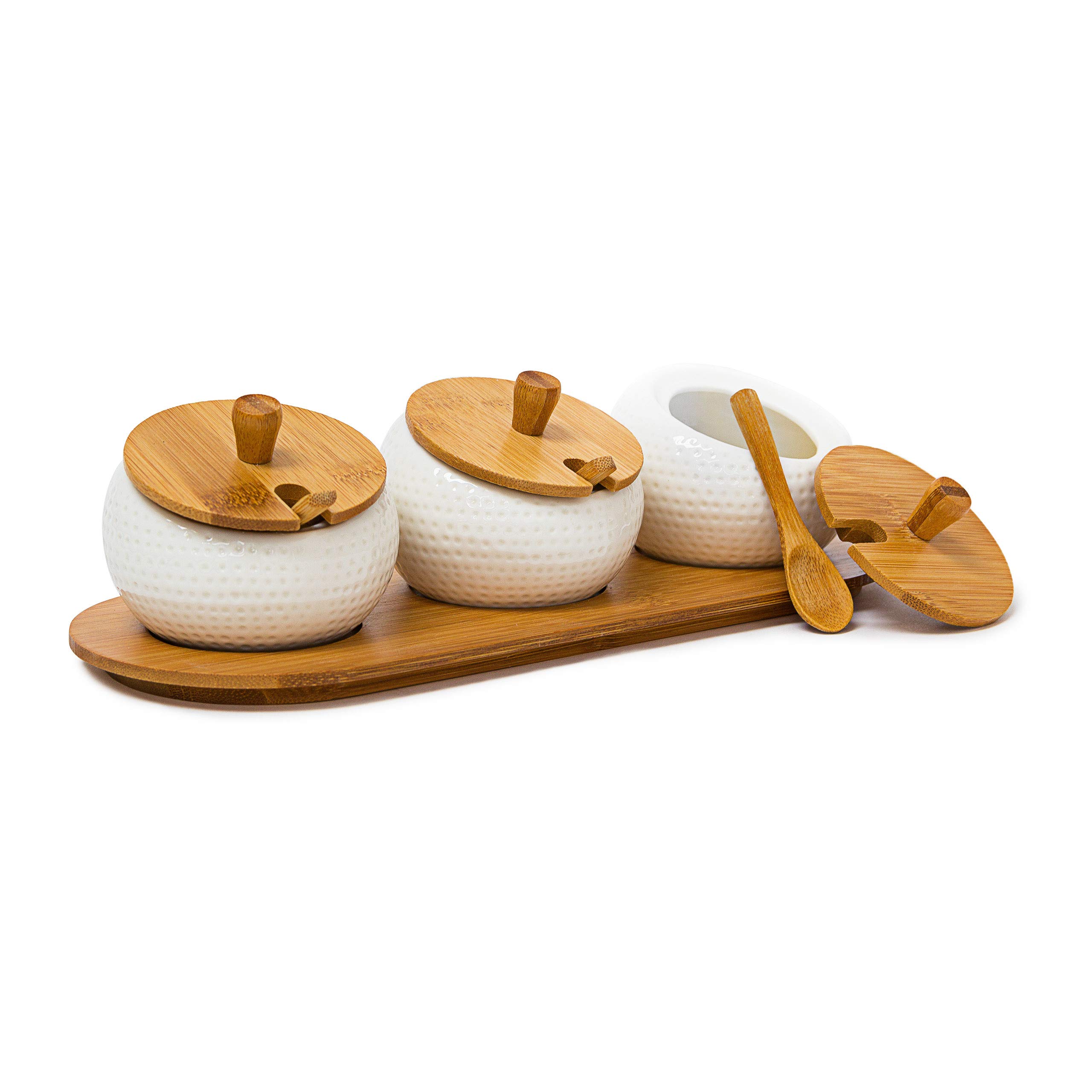 Relaxdays JIAO Spice Jars Spice Holders Made Of Ceramics With Bamboo Lid And Holder, Spice Storage Solution Kitchen Stand Decorative Chinese Style With Matching Spoons, natural