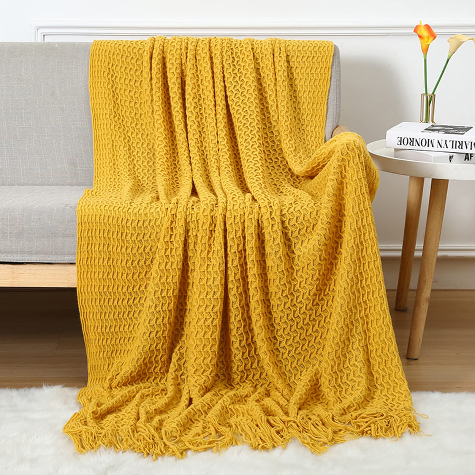 LumiSyne Cellular Knitted Throw Blanket With Tassel Plain Color Delicate Hollow Weave Pattern Soft Breathable Sofa Throw Couch Cover Bedspread Decorative Blanket For Bed Couch Chair Car Travel