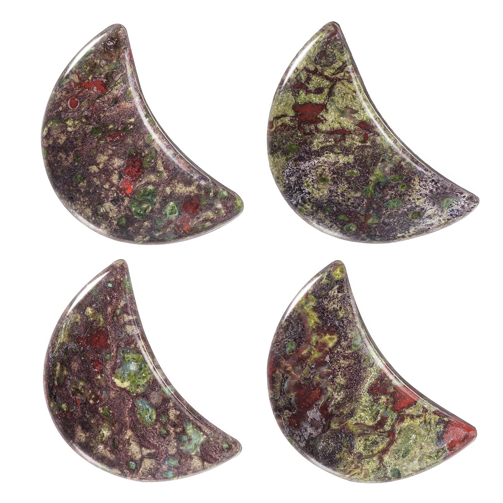 Nupuyai 4pcs Moon Shape Dragon Bloodstone Crystal Palm Pocket Worry Stone Set, Polished Reiki Stone for Chakra Healing Jewellery Making Home Decor