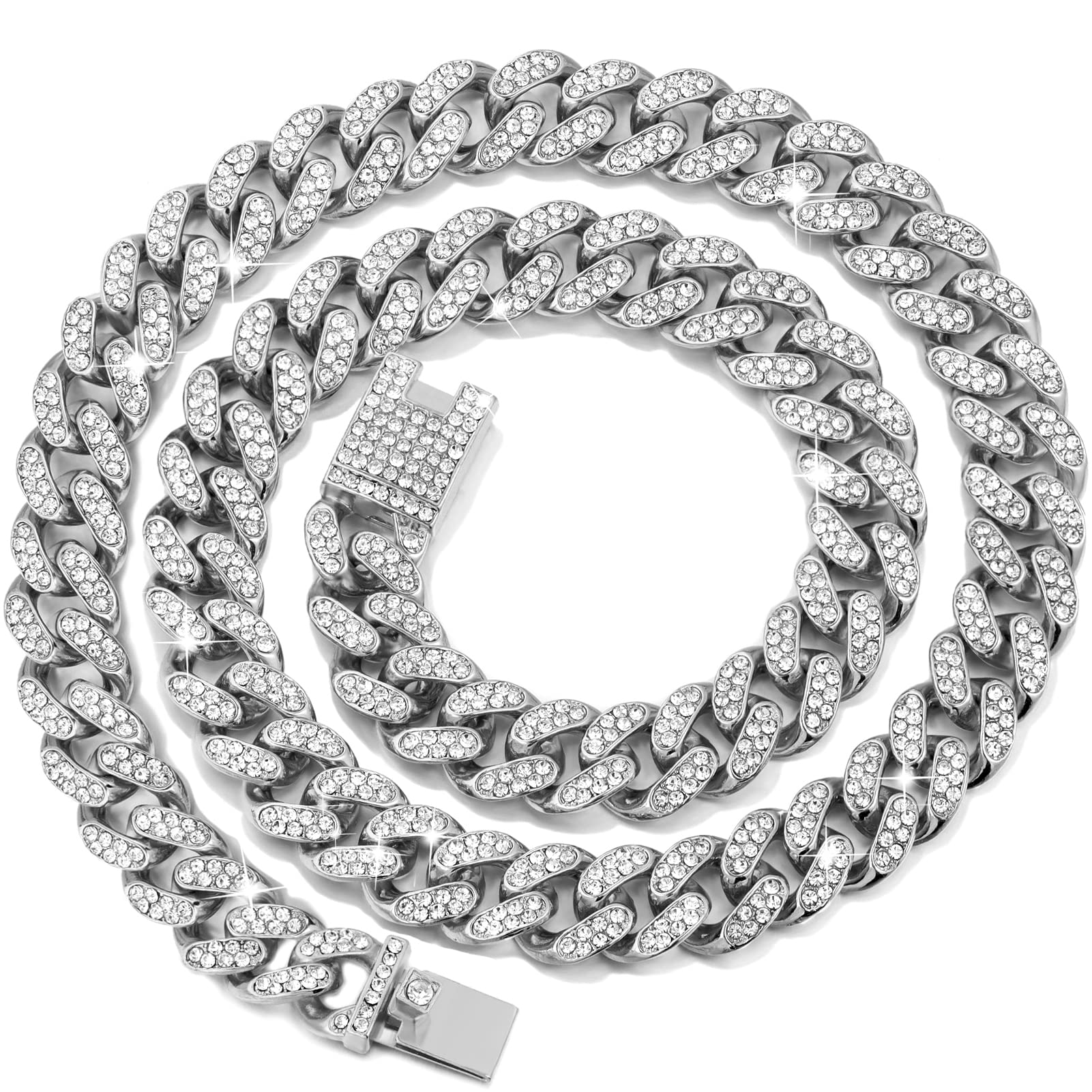 Photo 1 of Cuban Link Dog Collar Gold Silver Color Metal Dog Chain Collar Cuban Diamond Chain Pet Collars for Dogs Cats Jewelry 8/10/14/16/18/20/24/28 Inch (22inch, Silver)